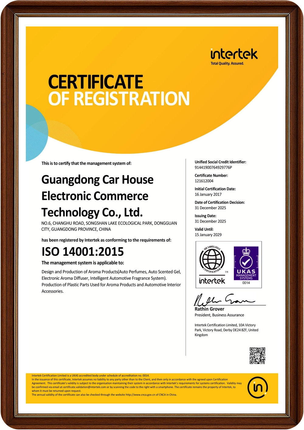 ISO 14001 Environmental Management System Certificate